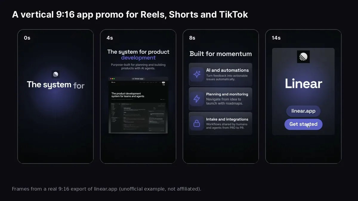 Vertical 9:16 frames of an app promo video with a phone-style product screenshot