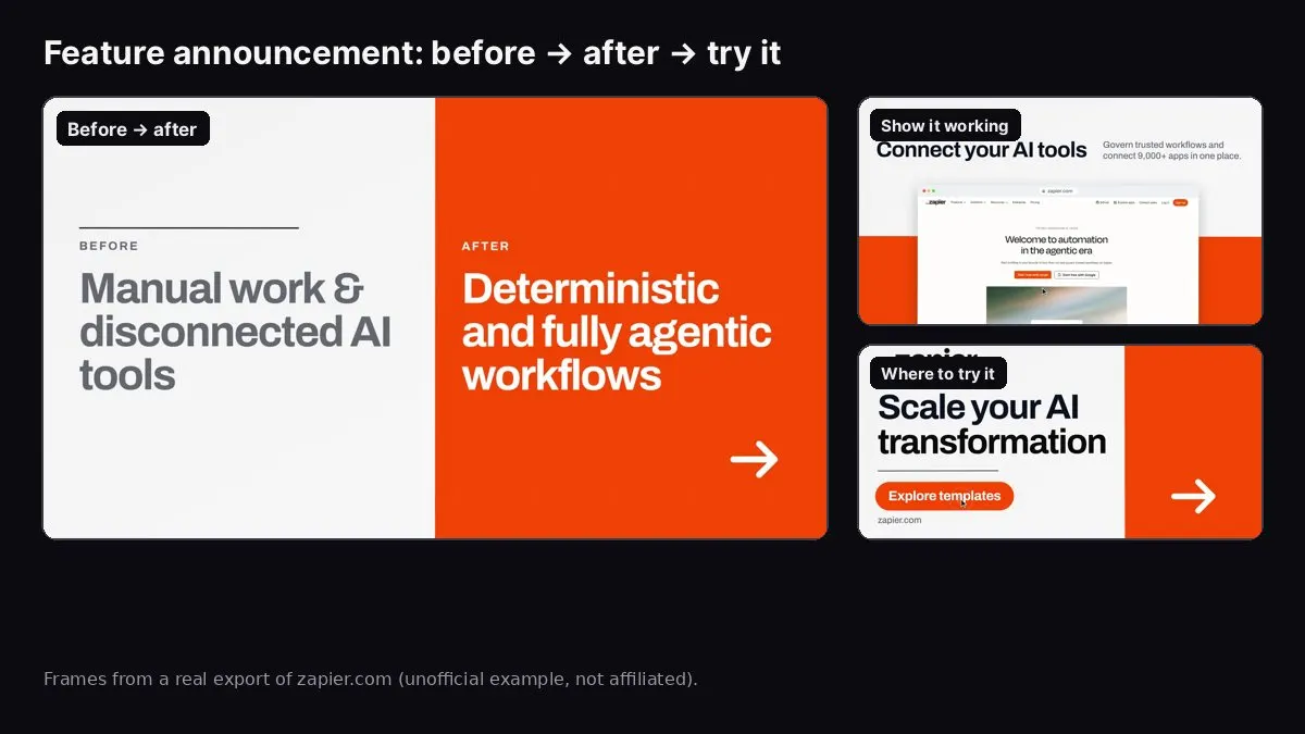 Before and after card, product screenshot and call to action from a feature-style promo video