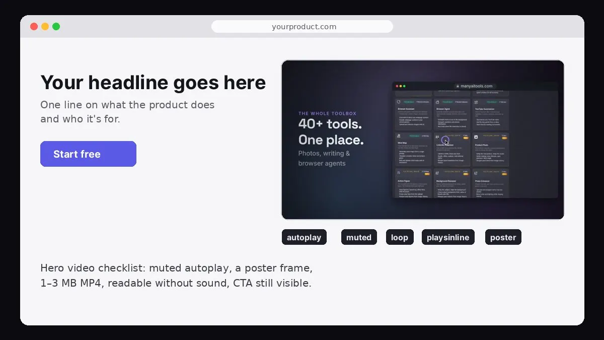 A landing page hero mockup with a headline, a Start free button and an embedded promo video